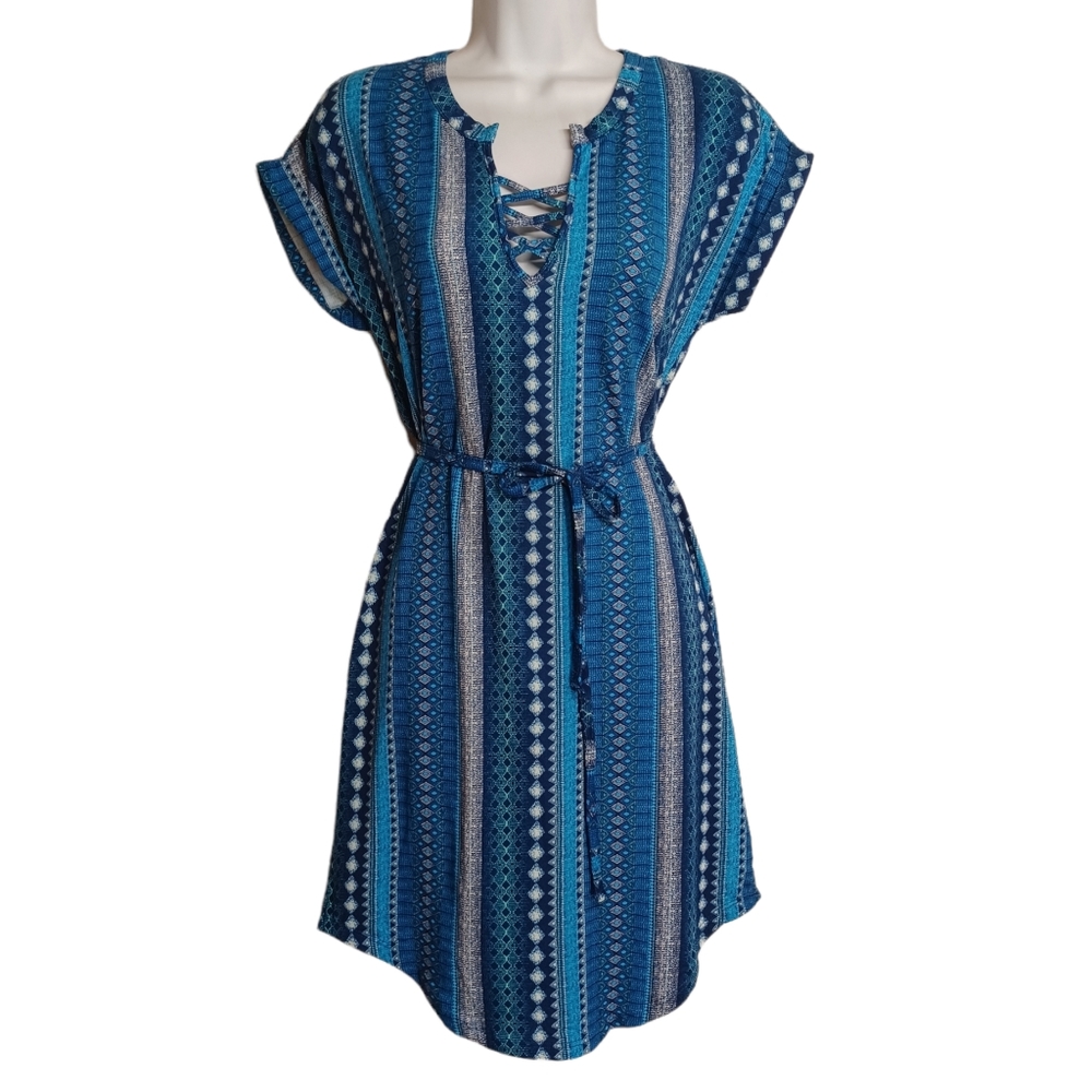 FREE 2 LUV Blue Geometric Stripe Print Short Sleeve Lace Up Stretchy Dress Small